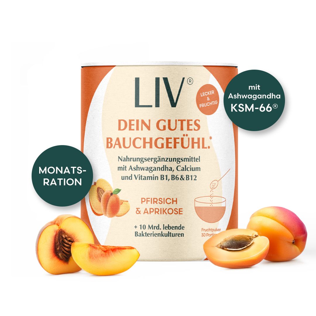 Dose mit Text: Dein gutes Bauchgefühl. Nahrungsergänzungsmittel. Pfirsich & Aprikose. Monatsration. Früchte.