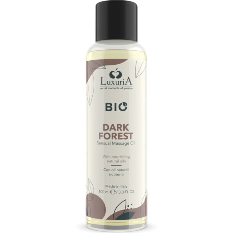 Flasche mit schwarzem Deckel. Aufschrift: LuxuriA BIO Dark Forest. Sensual Massage Oil. Mit natürlichen Ölen. 100 ml.