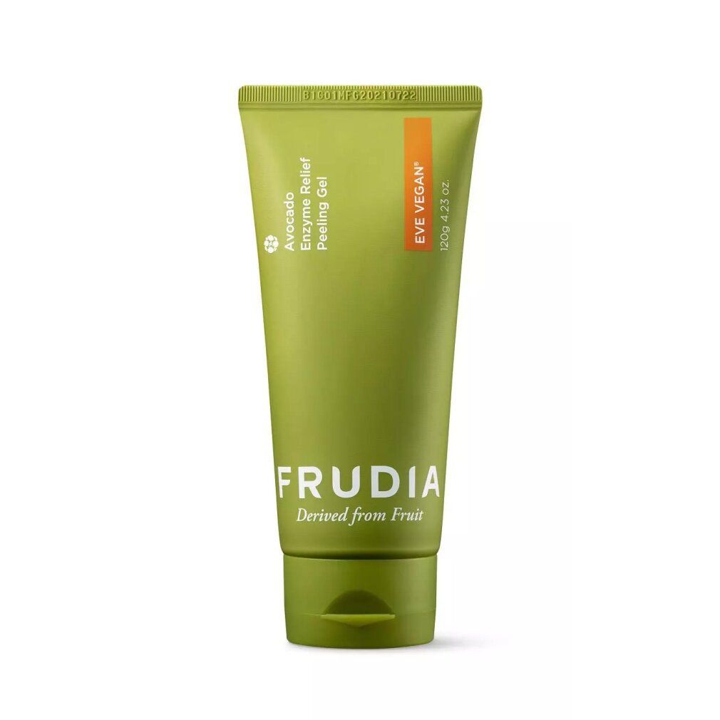 Grüne Tube mit Frudia Avocado Enzym Peeling Gel, EVE VEGAN-Zertifizierung und 120g Inhalt.