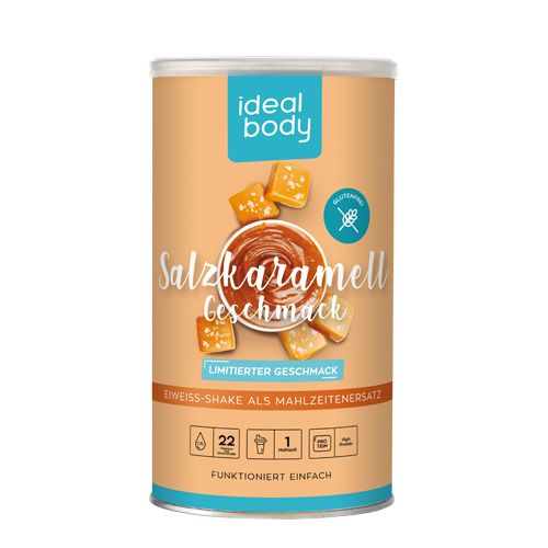 IdealBody Proteinshake-Pulver, Dose mit Salzkaramell-Geschmack. Glutenfrei-Siegel. Text: Limitierter Geschmack, Eiweiß-Shake als Mahlzeitenersatz.