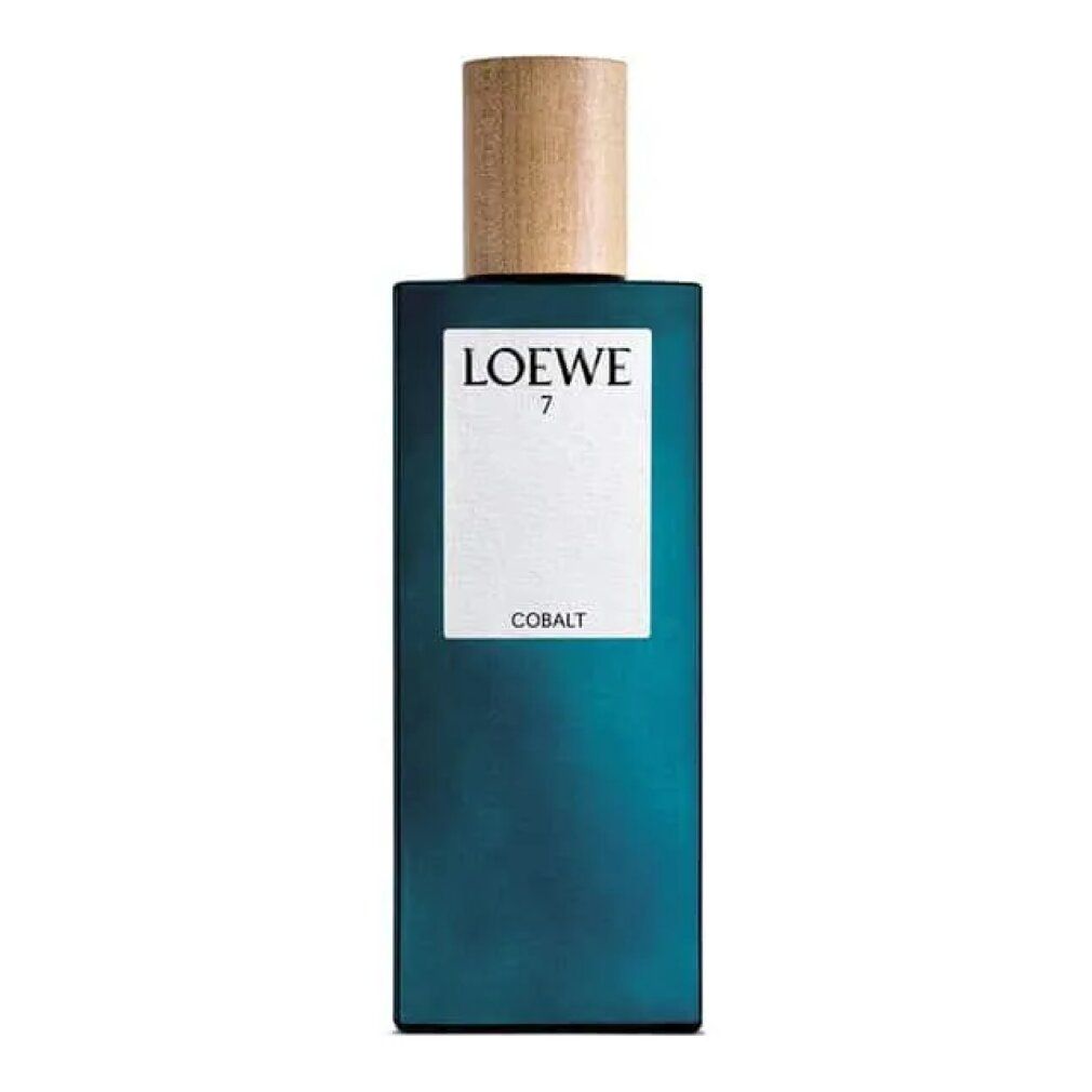 Loewe 7 Cobalt Eau de Parfum Spray. Blaue, rechteckige Flasche mit Holzverschluss und weißem Etikett. Produktbezeichnung.