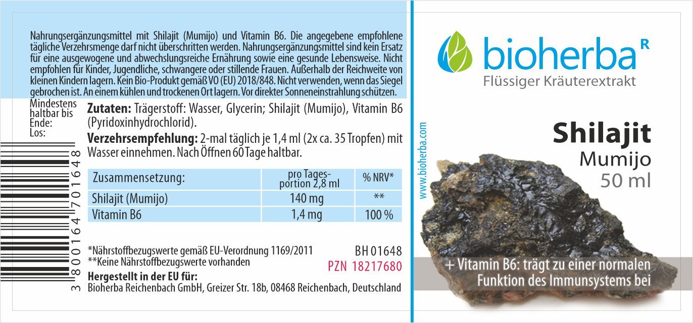 Etikett mit Produktinformationen. Enthält Shilajit Mumijo und Vitamin B6. Flasche mit 50 ml. Marke: Bioherba. Text in deutscher Sprache.
