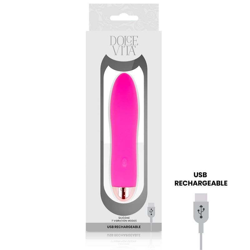 Verpackung zeigt pinken Silikon-Vibrator. Hinweise: USB Rechargeable, 7 Vibration Modes.