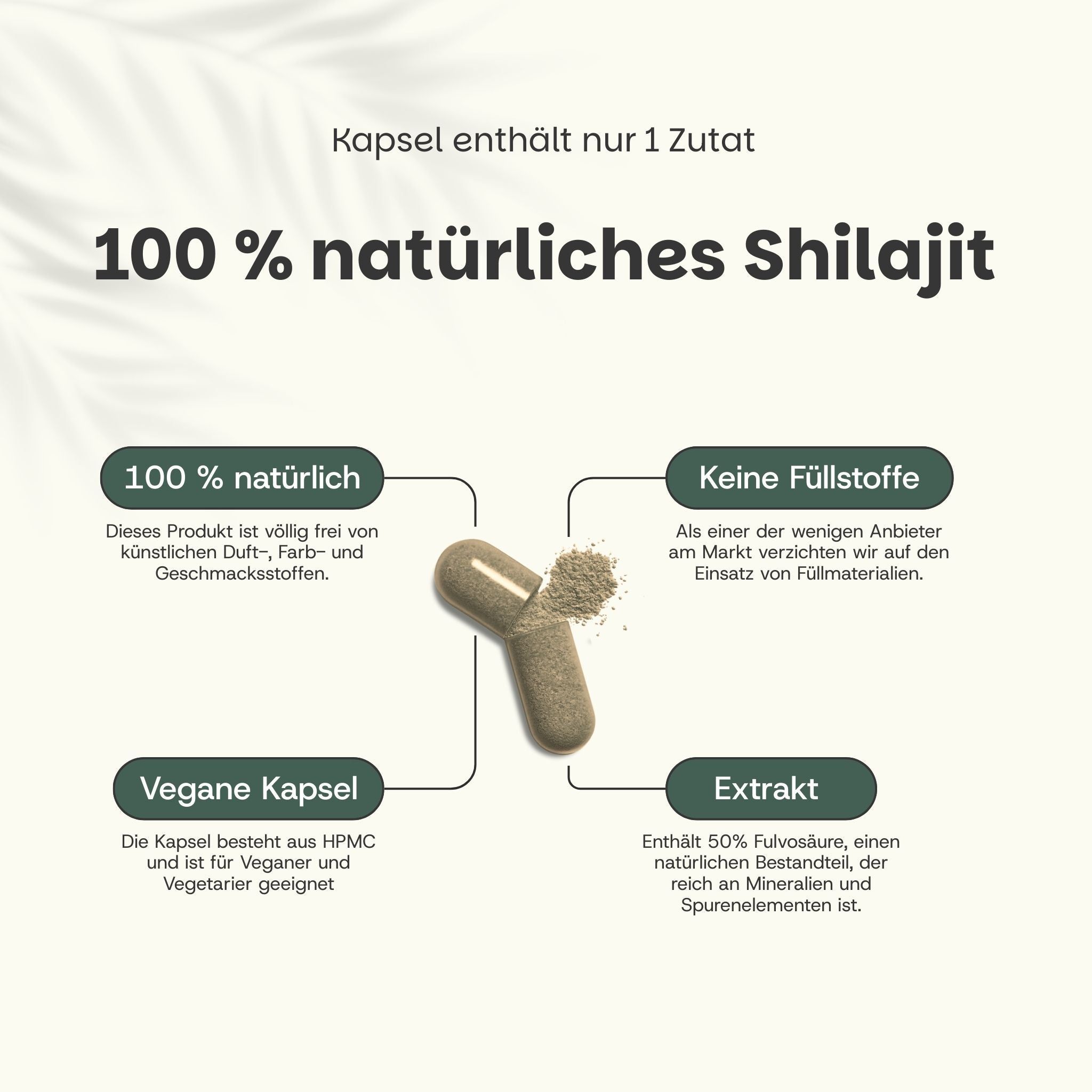 Text: 100% natürliches Shilajit. Kapsel mit Pulver. Text: Vegan Kapsel, Extrakt mit 50% Fulvinsäure.