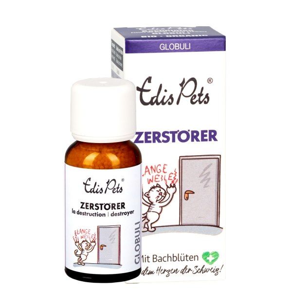 Braune Glasflasche und Verpackung mit Produktnamen und Logo. Abbildung einer Katze, die an einer Tür kratzt. Text: Zerstörer.
