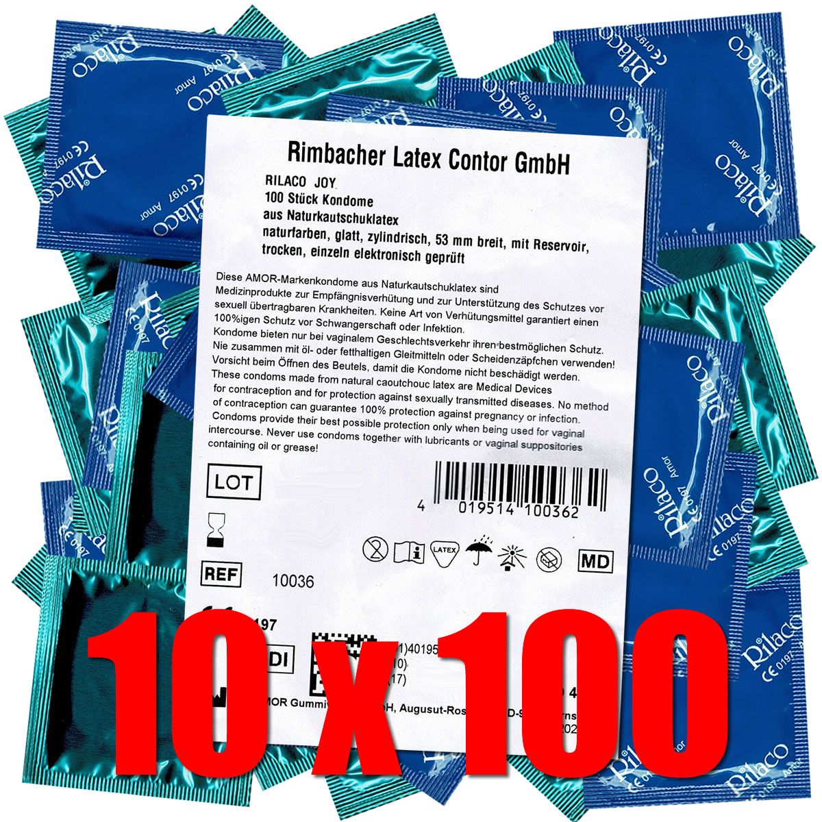 Mehrere Kondome in blauen und grünen Folien. Ein Beipackzettel mit Produktinformationen. Aufschrift: Rilaco Joy.