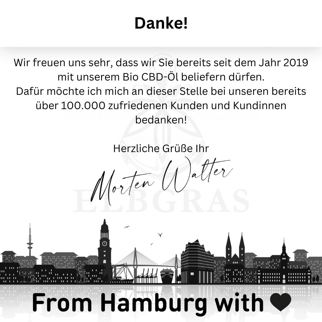 Dankesschreiben von Elbgras mit Hamburg-Skyline und Dank an Kunden.