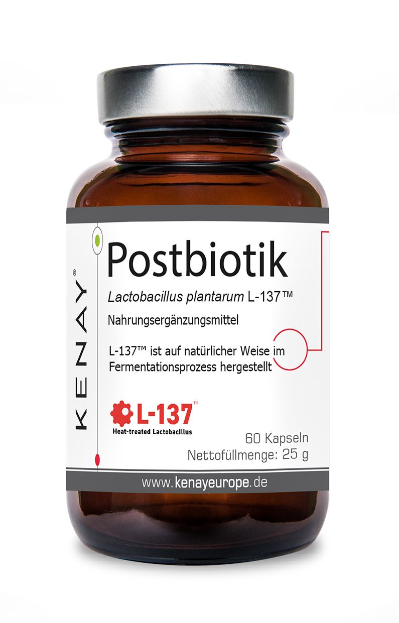 Braune Glasflasche mit Kapseln. Etikett mit "Postbiotik Lactobacillus plantarum L-137™ KENAY®". Enthält 60 Kapseln.