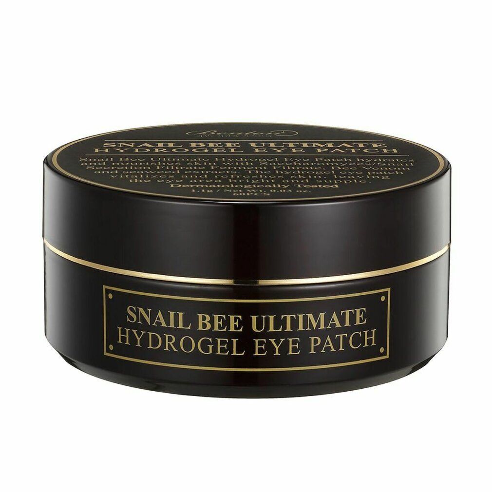 Schwarze Dose mit goldfarbenem Deckel und Schriftzug. Aufschrift: Snail Bee Ultimate Hydrogel Eye Patch.