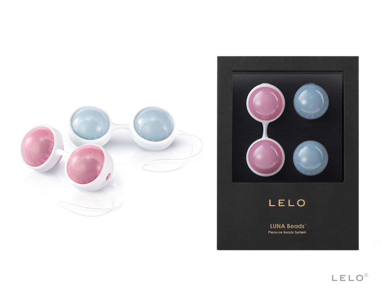 Zwei Sets aus je zwei Kugeln, rosa und blau, mit weißem Verbindungsstück und Schnur. LELO-Logo.