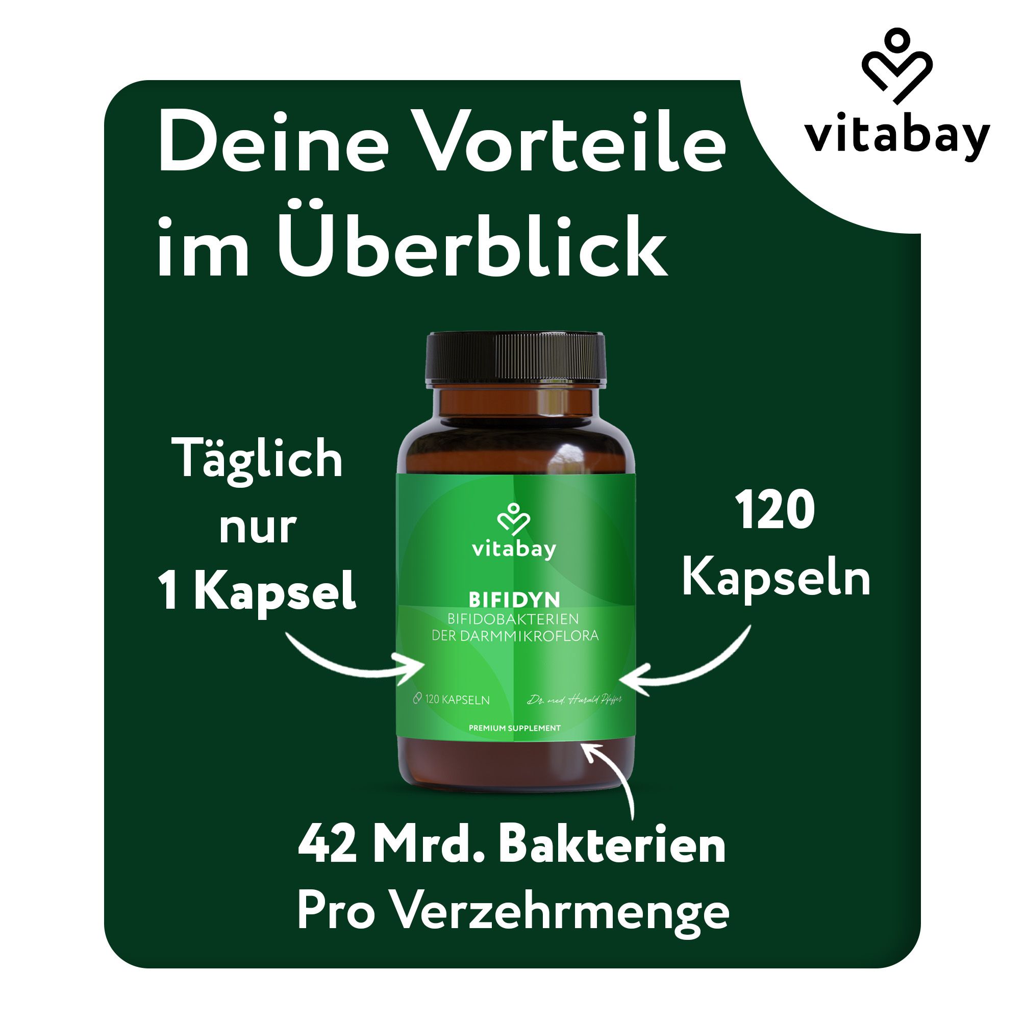 Vitabay Bifidyn Flasche. Täglich nur 1 Kapsel. 120 Kapseln. 42 Mrd. Bakterien pro Verzehrmenge.