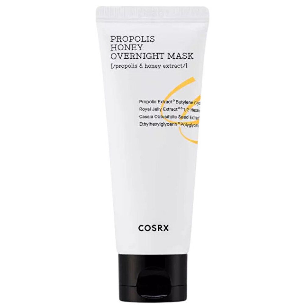 Weiße Tube mit schwarzem Deckel. Aufschrift: PROPOLIS HONEY OVERNIGHT MASK. Marke: COSRX. Gelbe Akzente.
