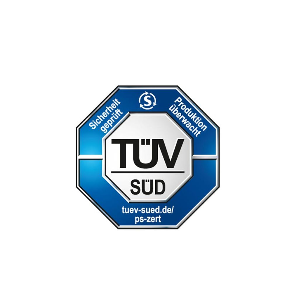 TÜV SÜD Siegel: 'Sicherheit geprüft, Produktion überwacht'. Zeigt geprüfte Sicherheit an.
