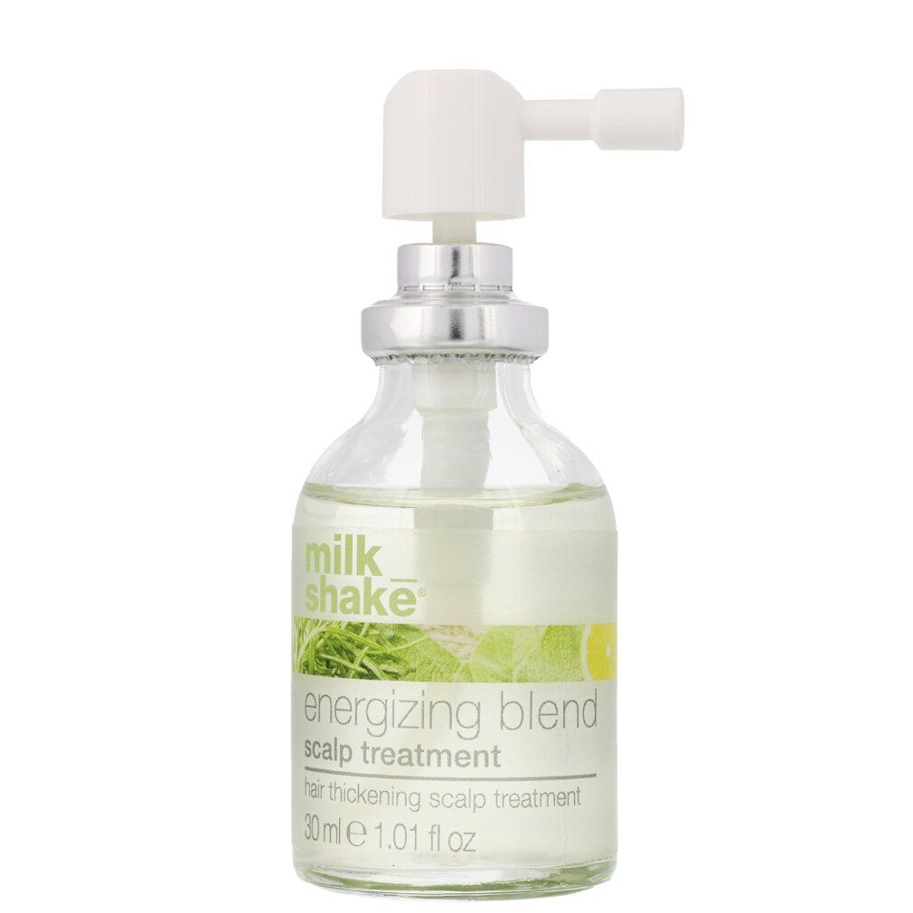 Klare Flasche mit Sprühkopf. Beschriftung: energizing blend scalp treatment. 30ml.