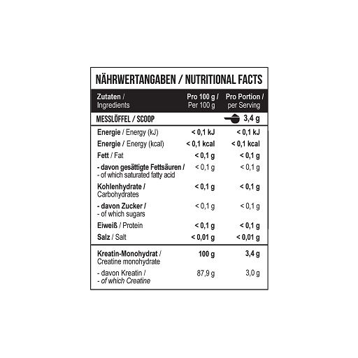 Nahaufnahme der Nährwerttabelle. Zeigt Informationen zu Inhaltsstoffen und Nährwerten pro Portion und 100g.