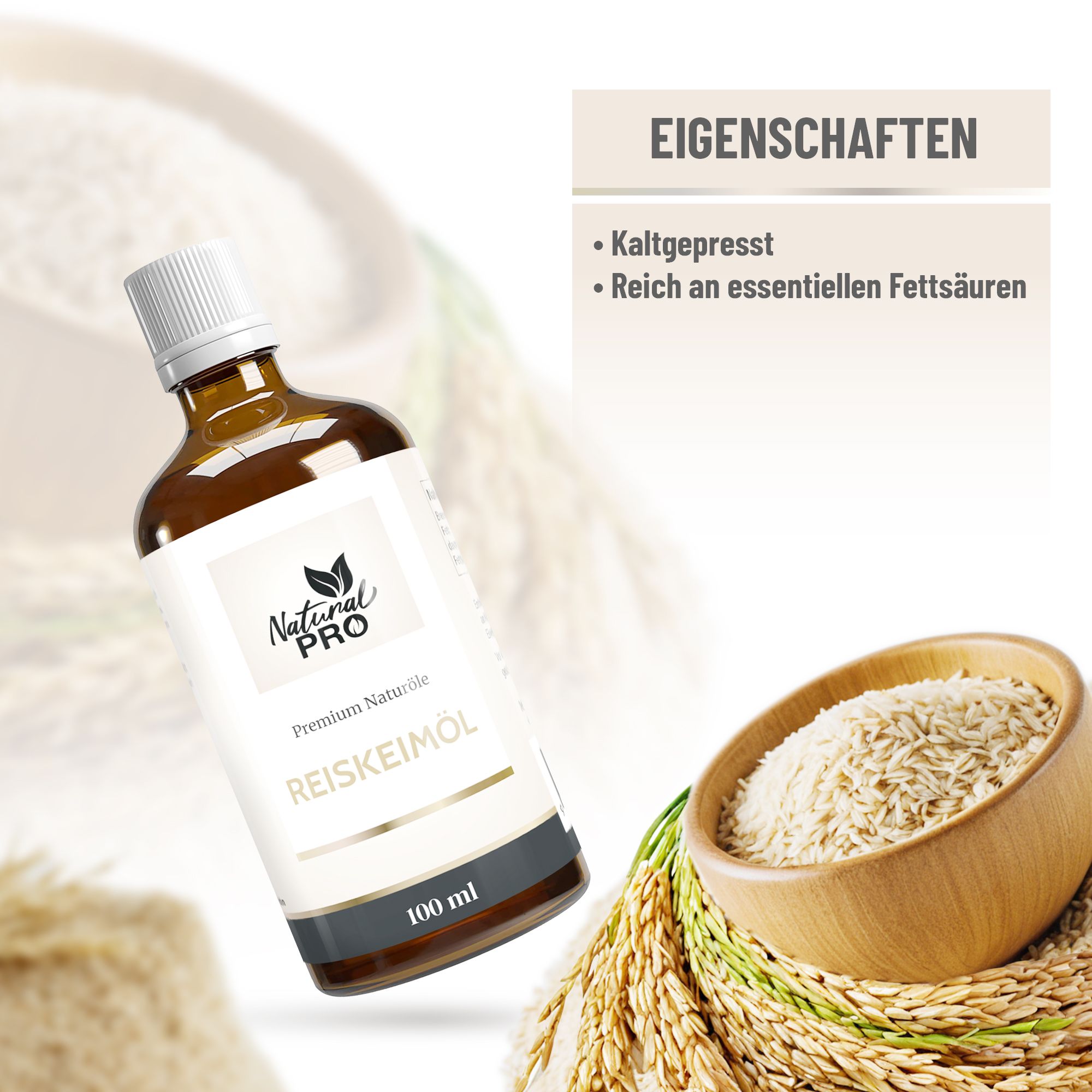 Braune Glasflasche mit Etikett. Daneben eine Schüssel mit Reis und Text: Eigenschaften, kaltgepresst.