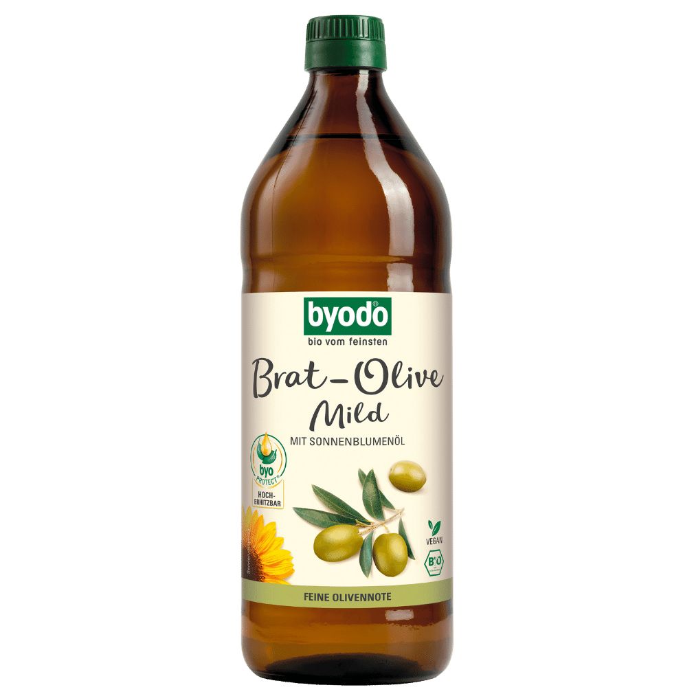 Eine Flasche Bio Brat-Olive Öl mild mit Sonnenblumenöl, Etikett mit Olivenzweig und Sonnenblume.