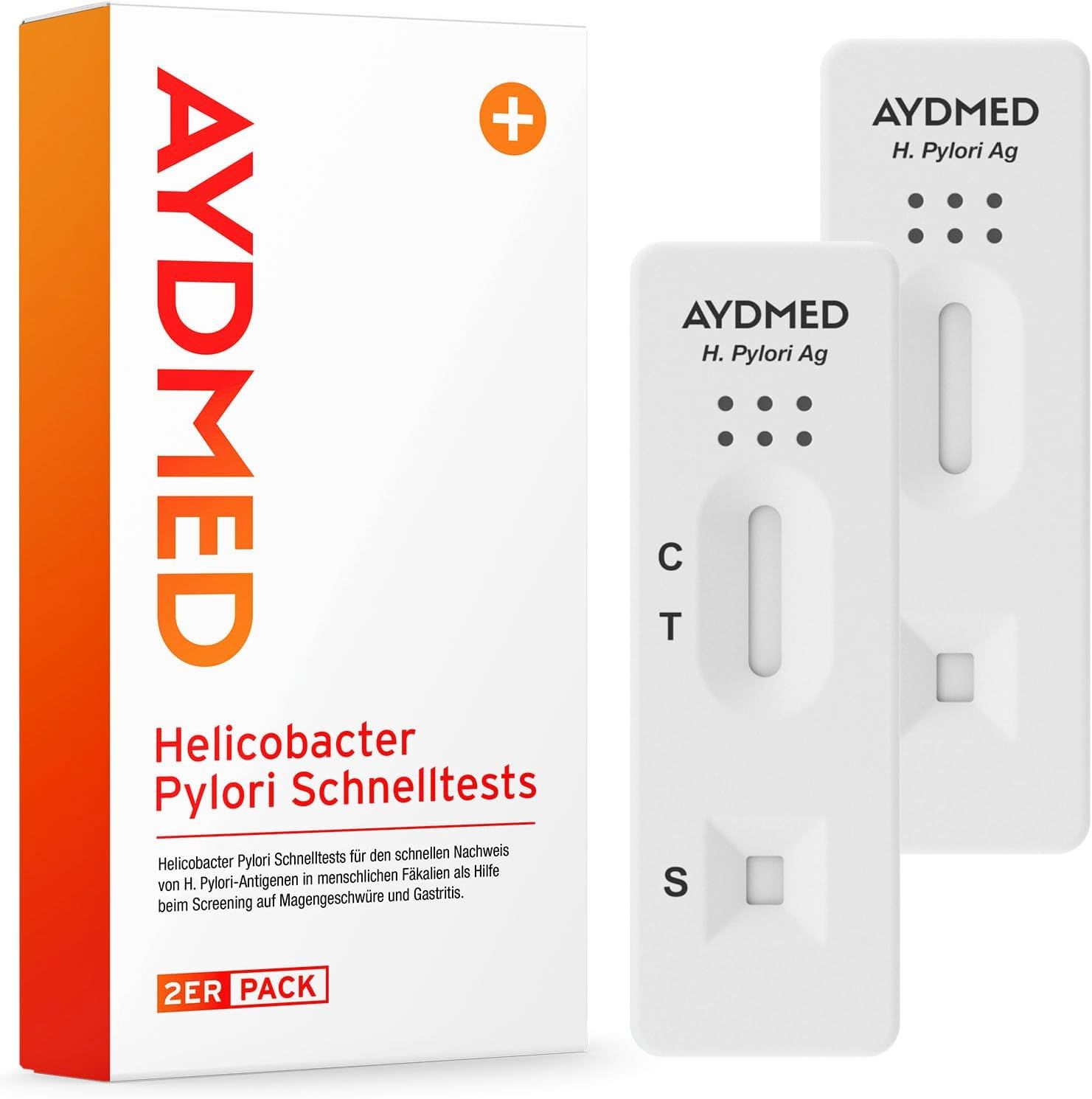 Packung und Teststreifen. Aufschrift AYDMED, Helicobacter Pylori Schnelltests. Zwei Teststreifen mit Markierungen C, T, S.