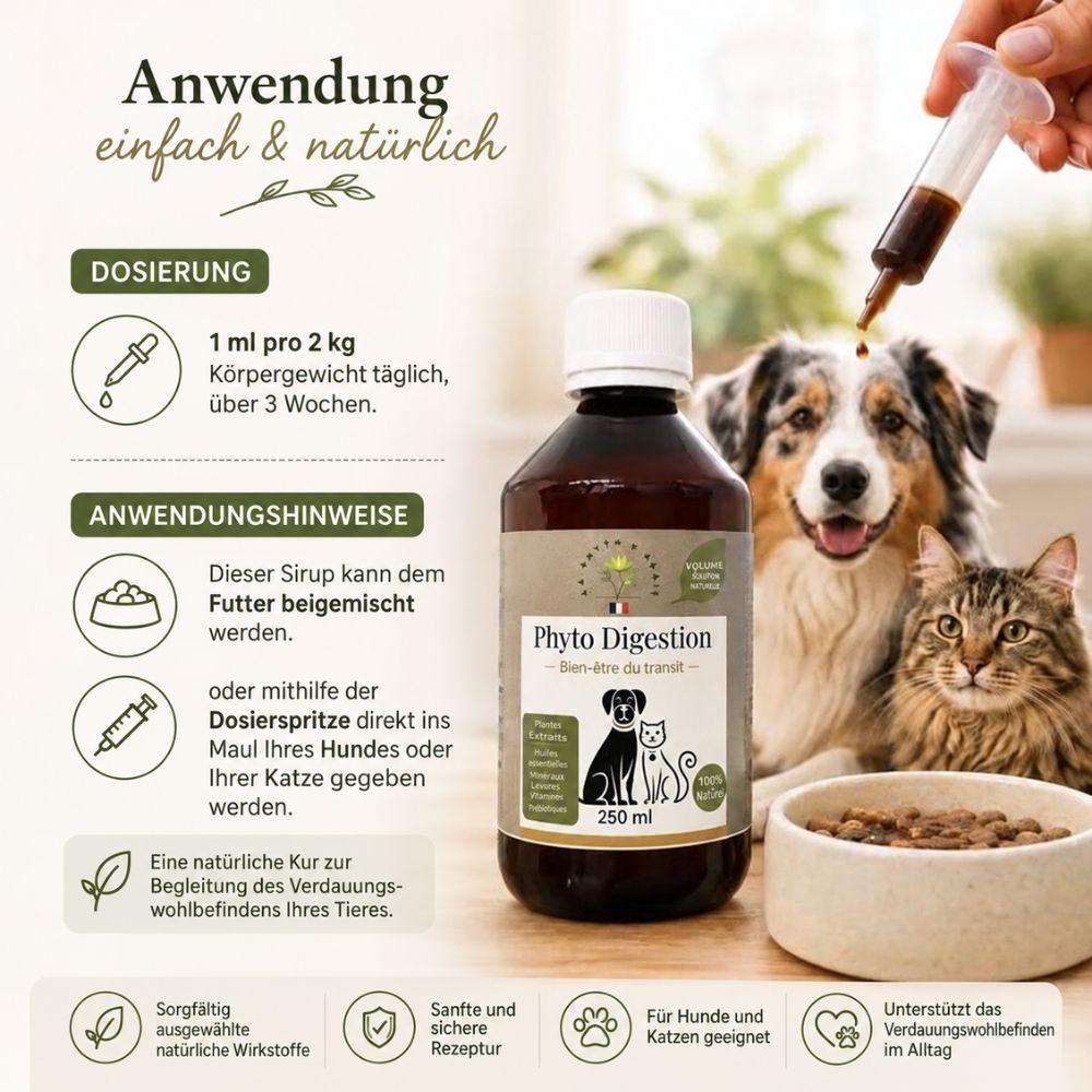 Braune Glasflasche mit weißem Verschluss, Etikett mit Hund- und Katzensilhouette, 250ml.