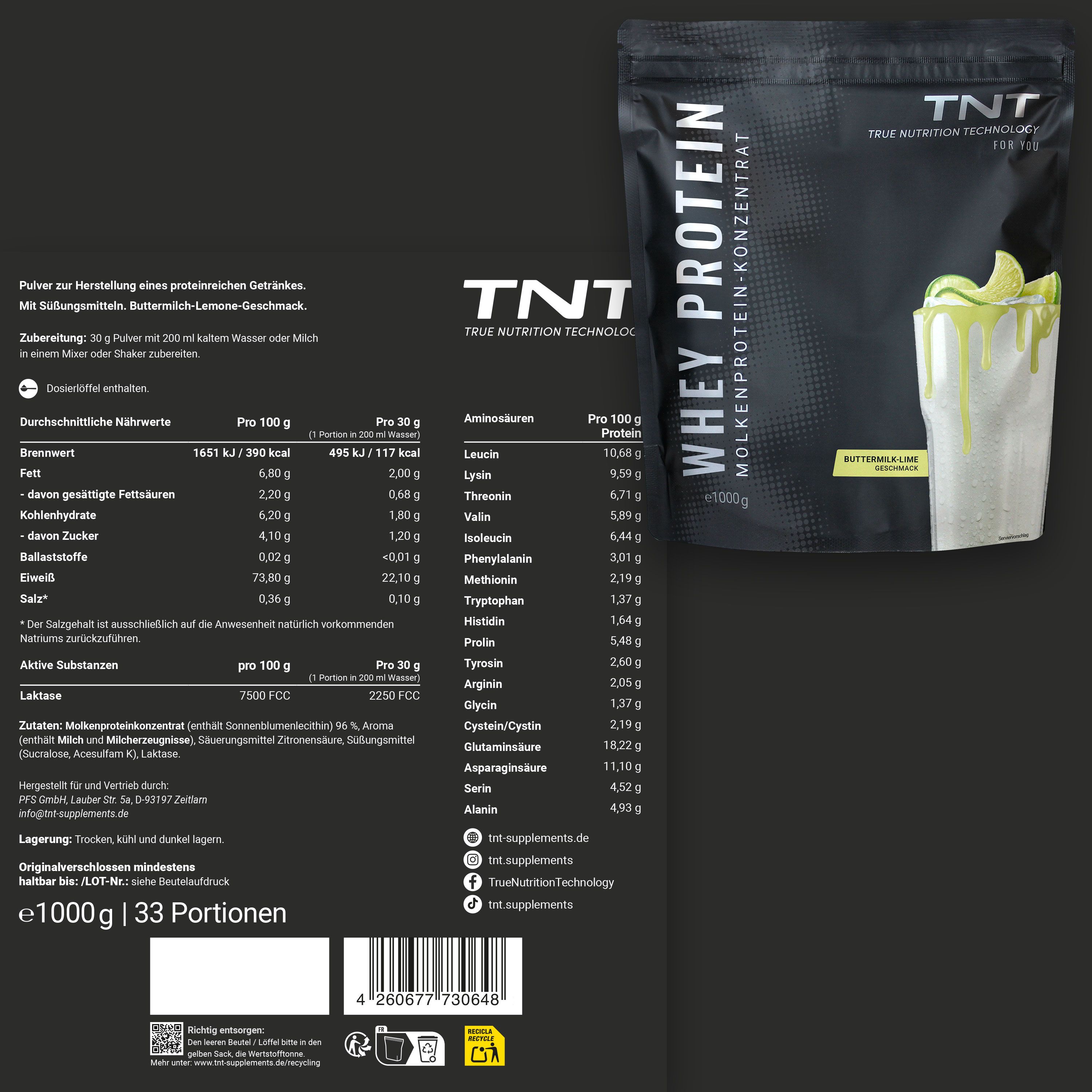 Produktverpackung und Nährwerttabelle von TNT Whey Protein Konzentrat. Enthält Informationen zu Inhaltsstoffen, Nährwerten und Aminosäuren.
