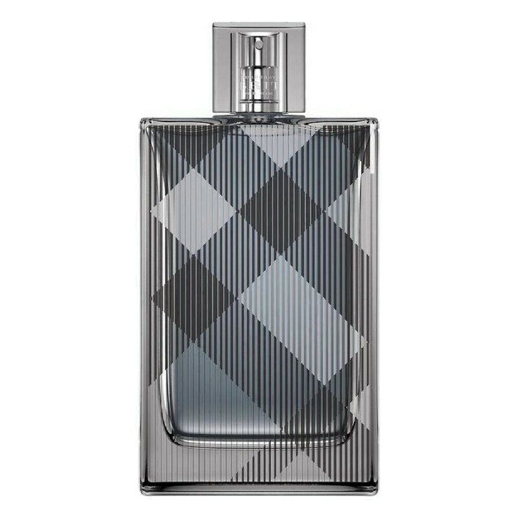 Burberry Brit for Him Eau de Toilette Spray. Rechteckiger Flakon mit Karomuster. Silberner Sprühkopf. Transparentes Glas.