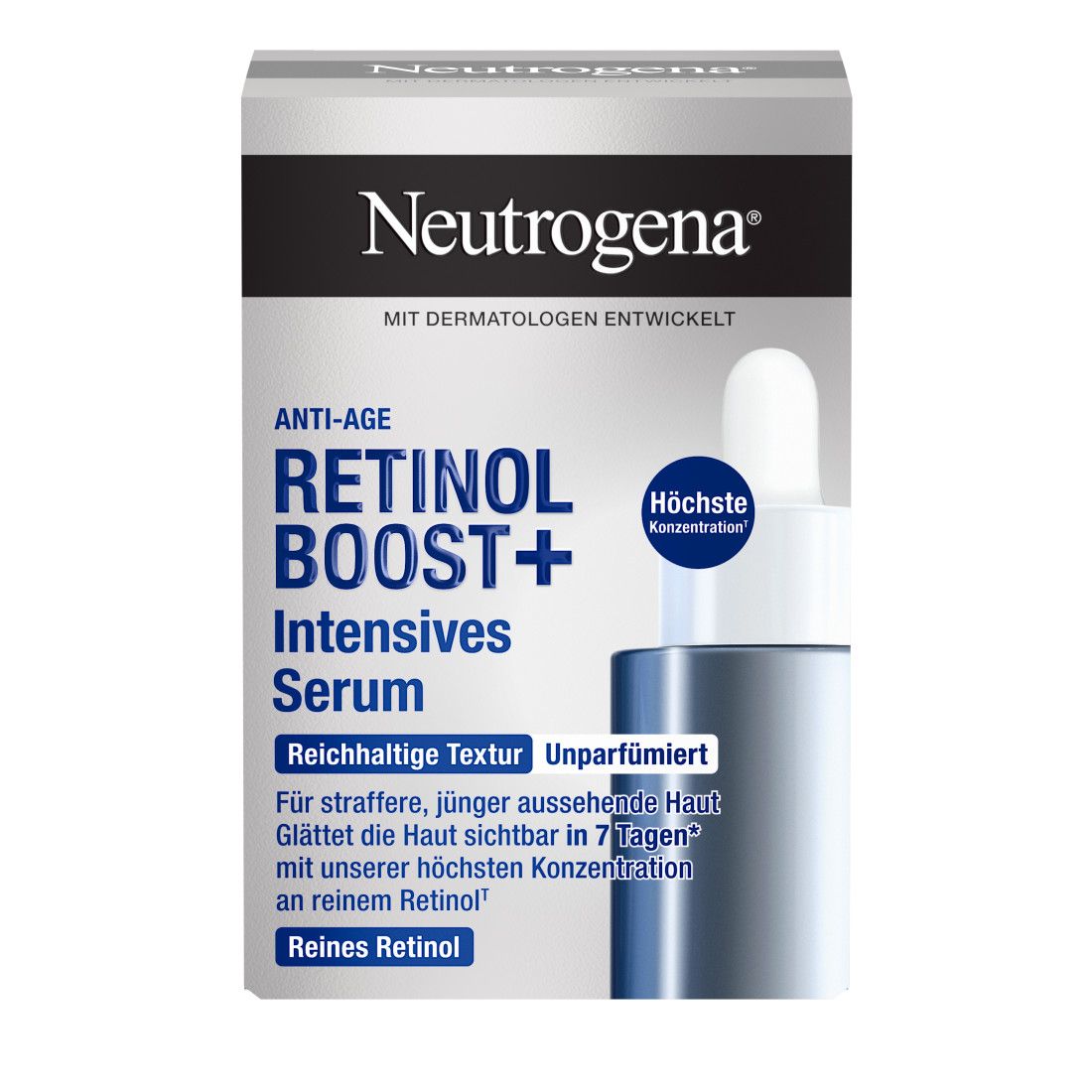 Verpackung mit Serumflasche. Aufschrift: Neutrogena, Retinol Boost+ Intensives Serum. Text: Anti-Age, Reichhaltige Textur, Unparfümiert.