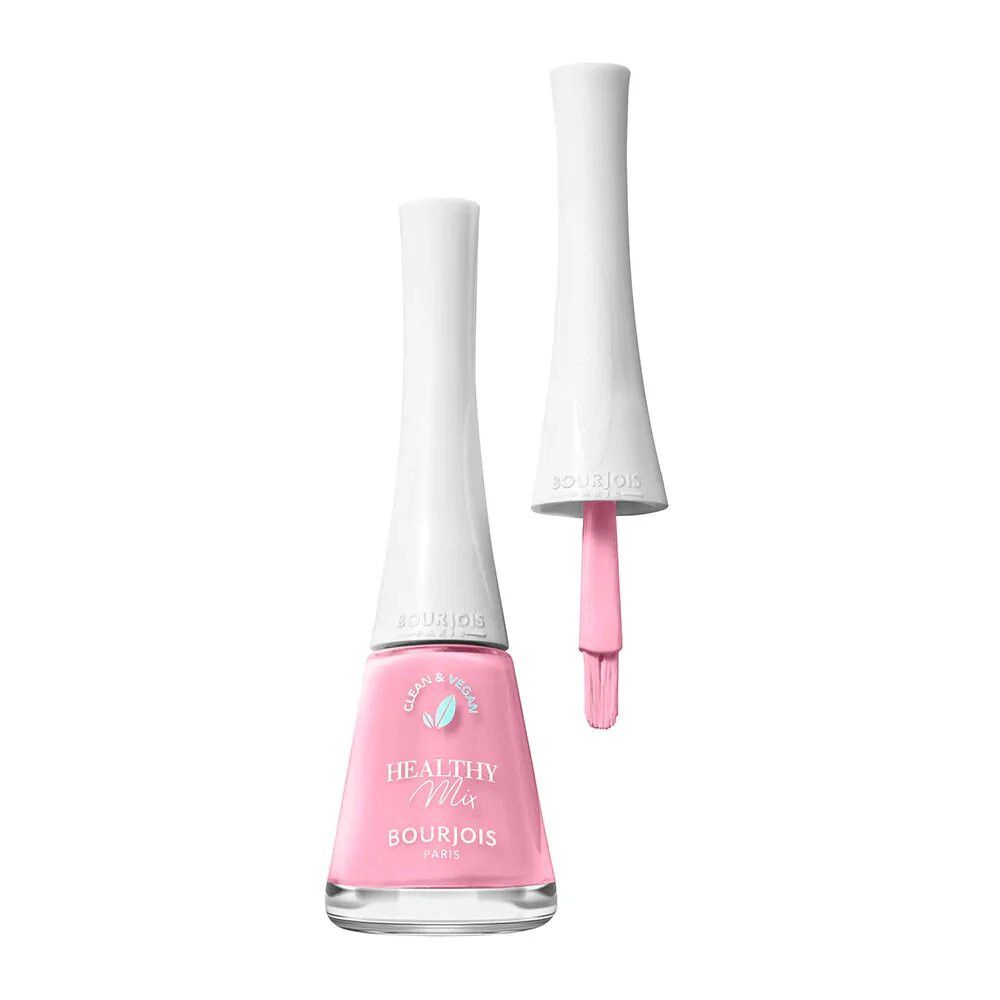 Nagellackflasche mit weißem Deckel und Pinsel. Rosa Nagellack. Aufschrift: Healthy Mix, Bourjois Paris. Deckel daneben.
