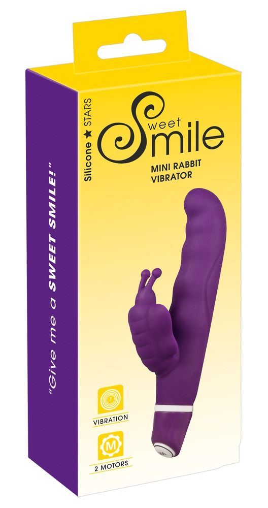 Verpackung von Sweet Smile Mini Rabbit Vibrator. Lila Vibrator abgebildet. Text: Vibration, 2 Motoren.