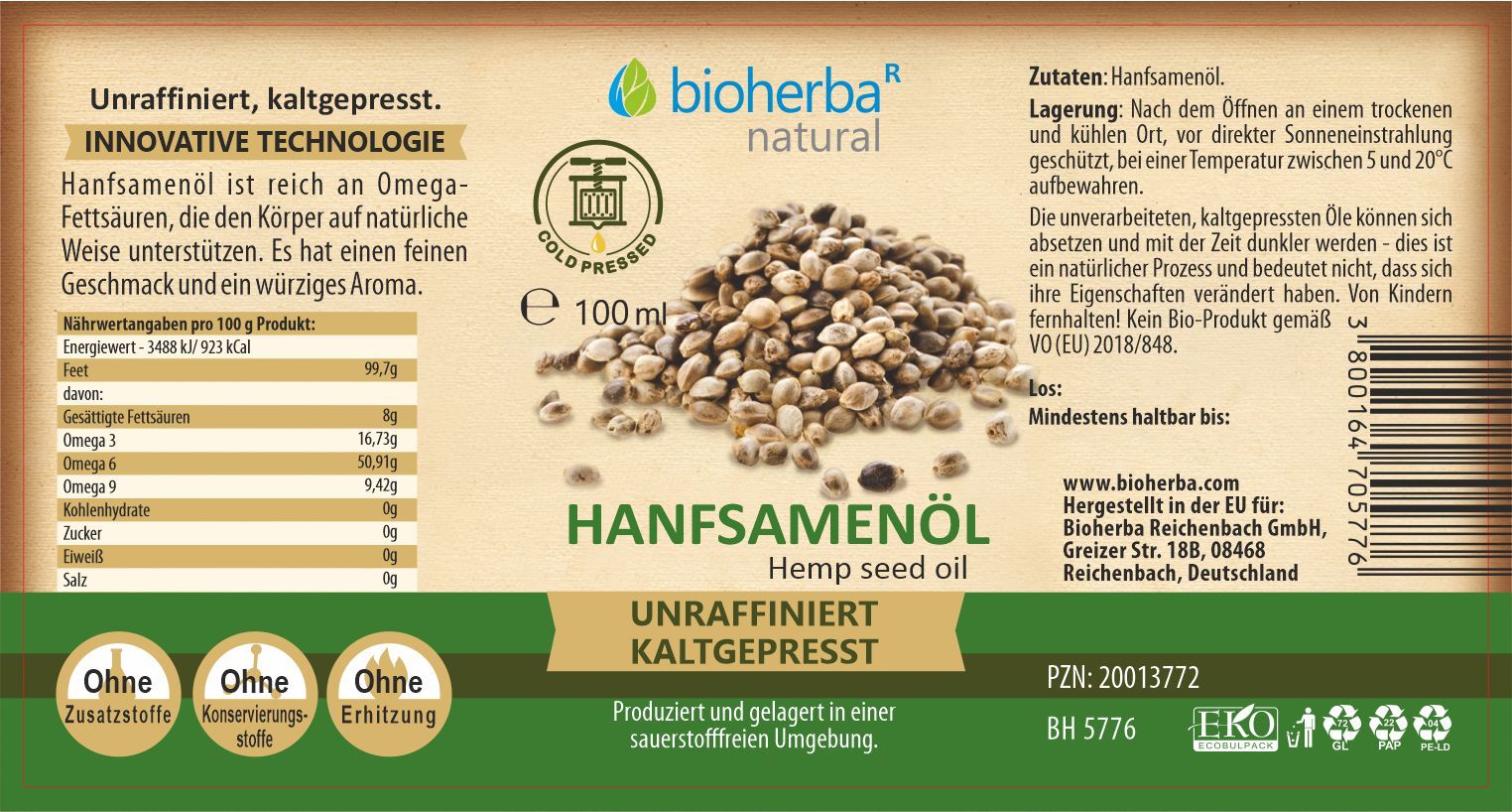 Bioherba Hanfsamenöl kaltgepresst – Natürliches Hanföl