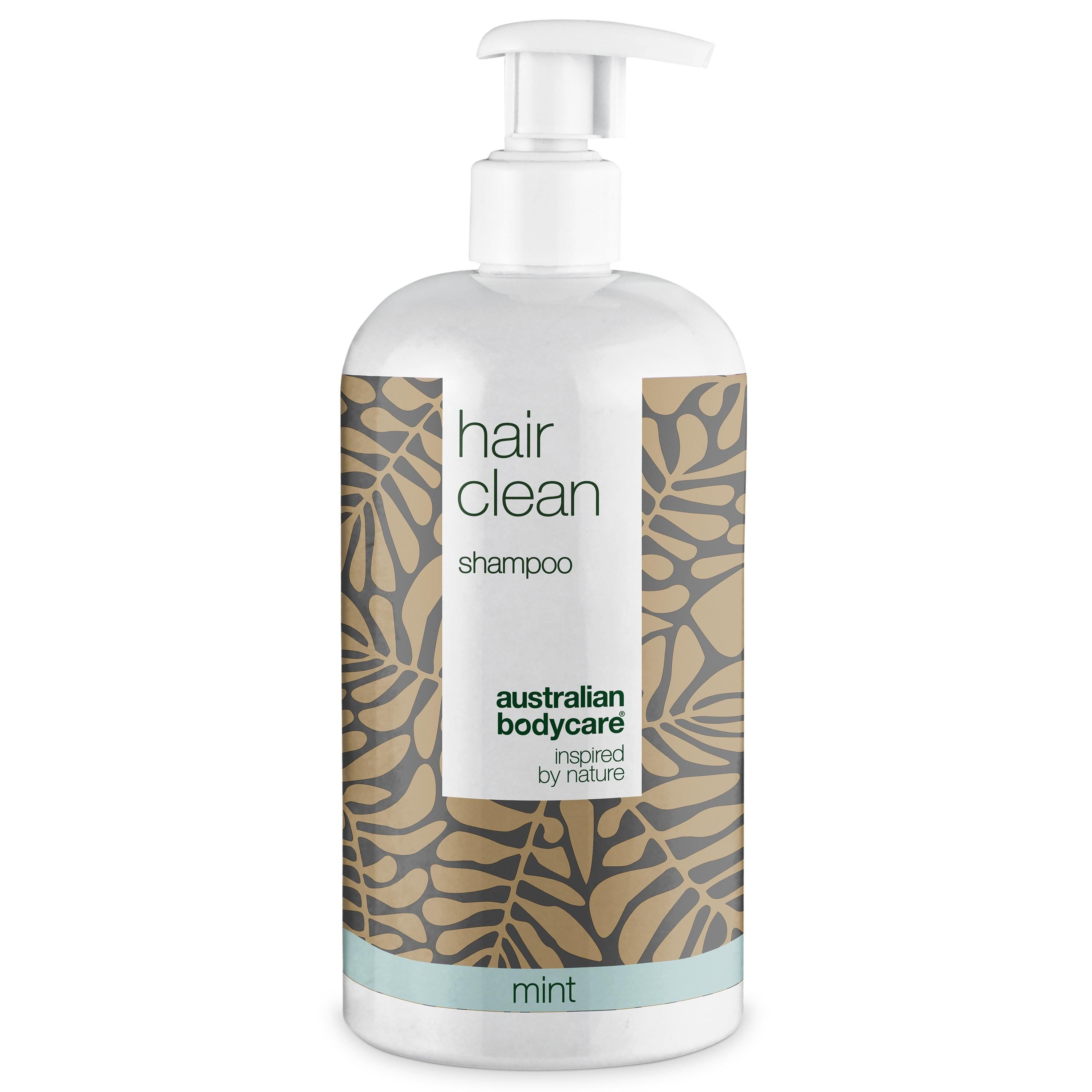 Weißer Shampooflasche mit Pumpe. Aufschrift: hair clean shampoo, australian bodycare, mint.