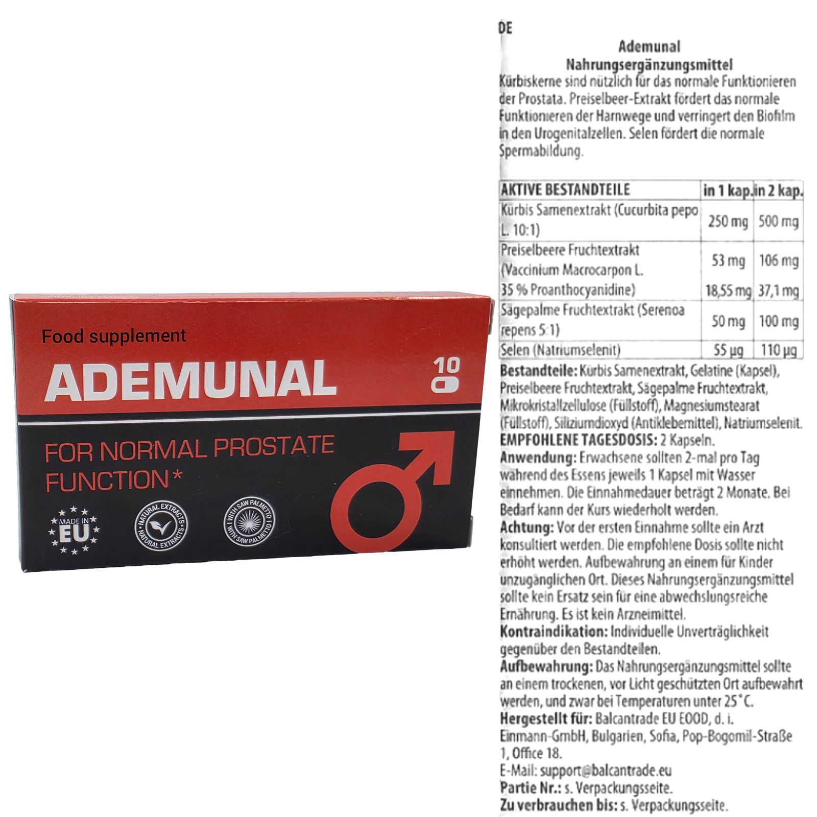 Schachtel mit roter und schwarzer Aufschrift. Enthält 10 Kapseln. Aufschrift: ADEMUNAL, FOR NORMAL PROSTATE FUNCTION. EU-Zertifizierung.