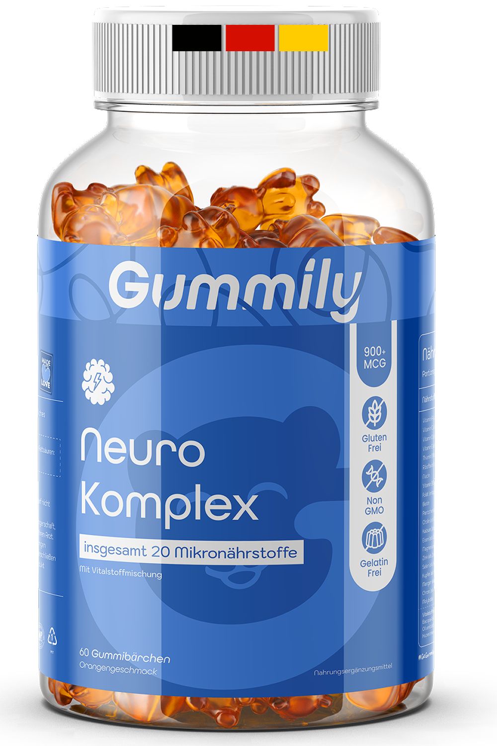 Gummily Neuro Komplex in einer transparenten Flasche. Blaue Etikett mit Produktinformationen. Gelbe Gummibärchen sichtbar.