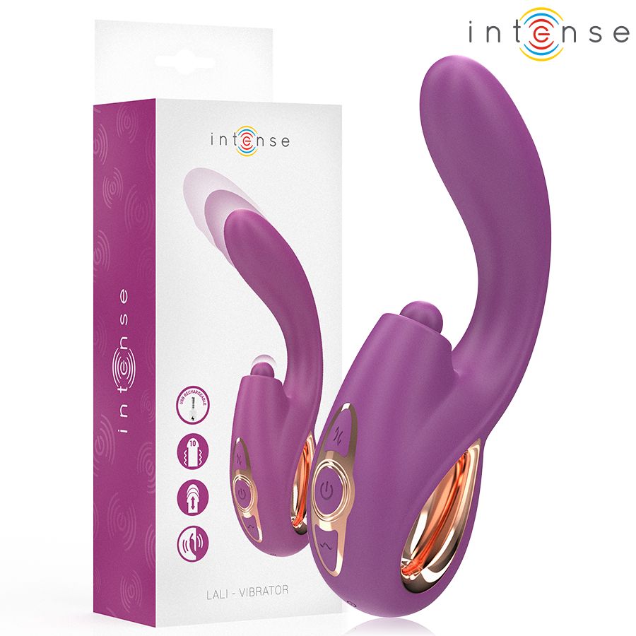 Lila Vibrator mit Verpackung. Marke: Intense. Verpackung mit Produktabbildung und Produktname. G-Punkt-Vibrator.