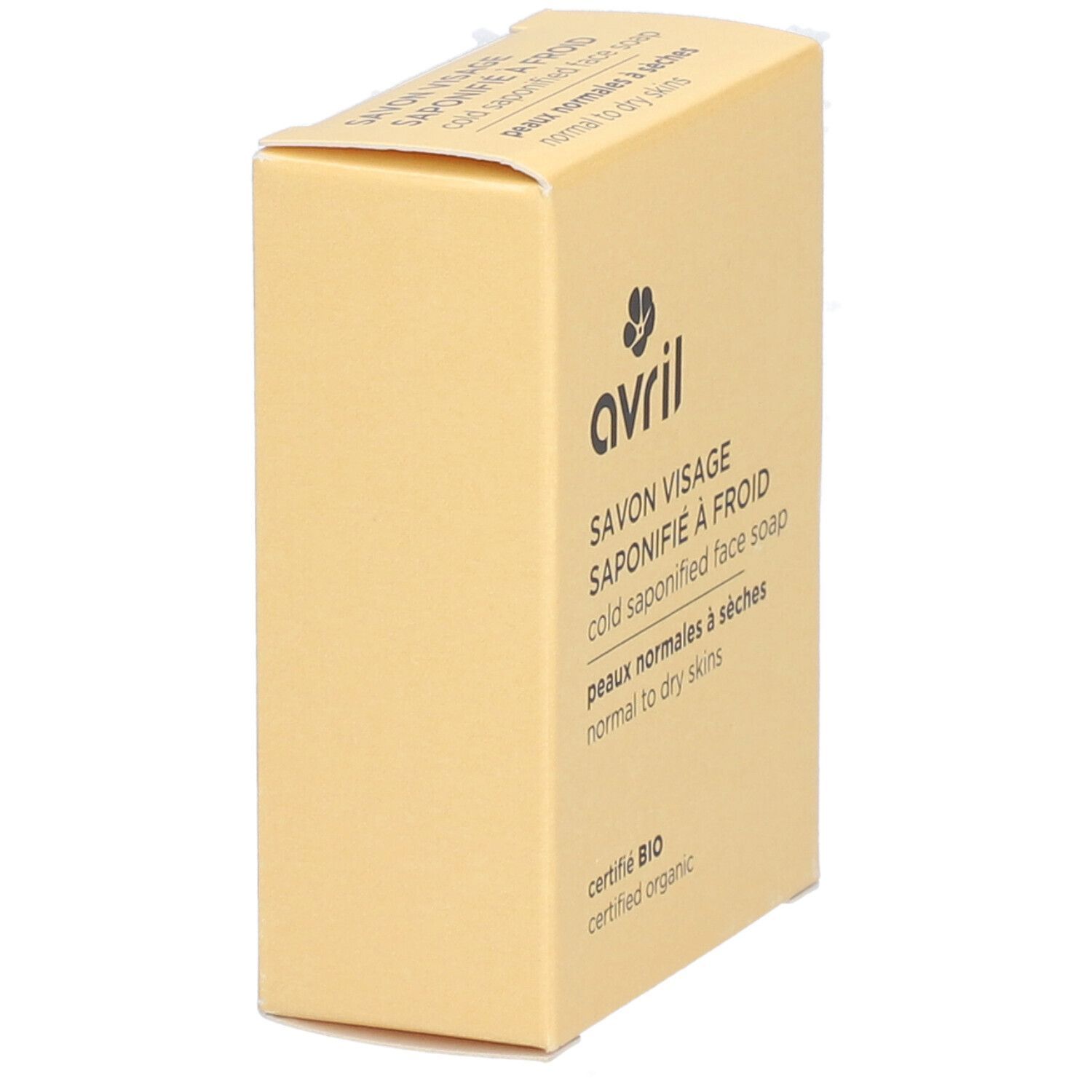 Beige Kartonverpackung. Aufschrift: avril, Savon Visage, Saponifié à Froid, Cold Saponified Face Soap, Peaux normales à sèches, Certifié Bio.