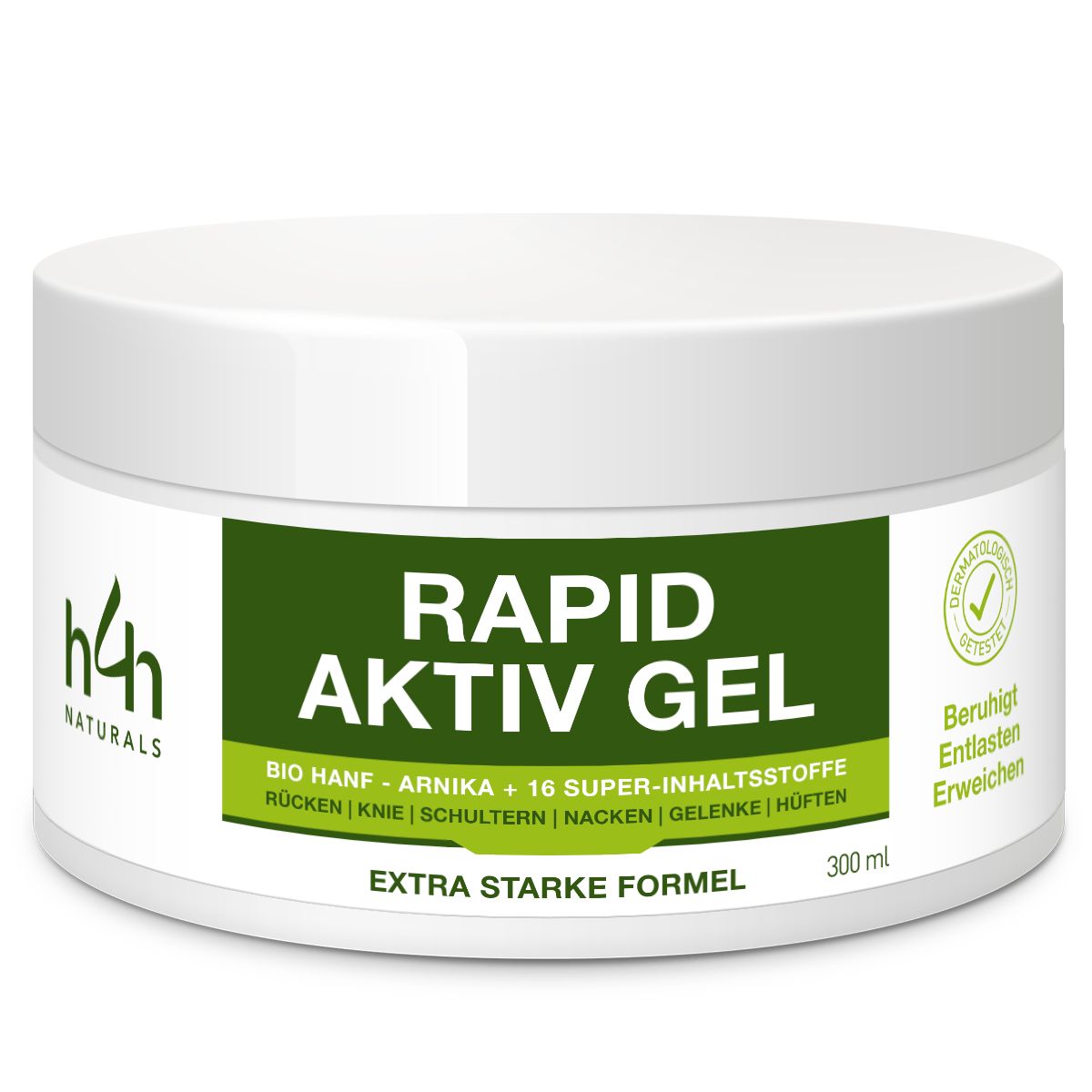 Weißes Tiegel mit grünem Etikett. Text: Rapid Aktiv Gel. Inhaltsstoffe: Bio Hanf, Arnika, 16 Super-Inhaltsstoffe. Dermatologisch getestet.