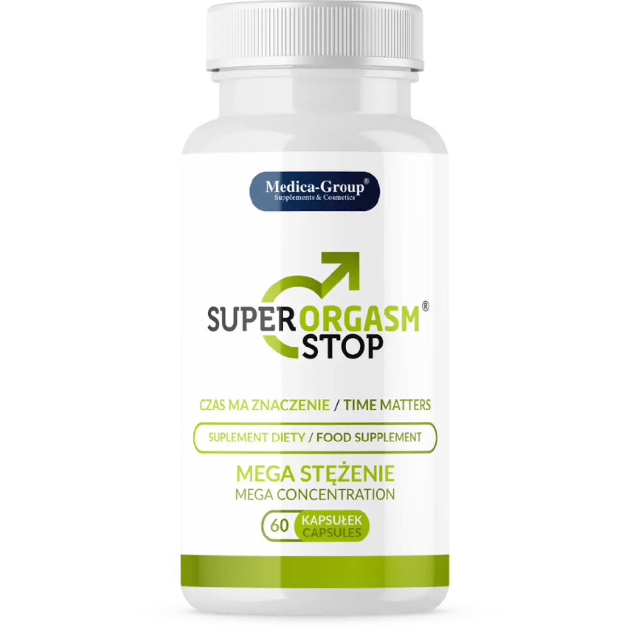 Weiße Flasche mit Kapseln. Aufschrift: Super Orgasm Stop, 60 Kapseln. Marke: Medica-Group.