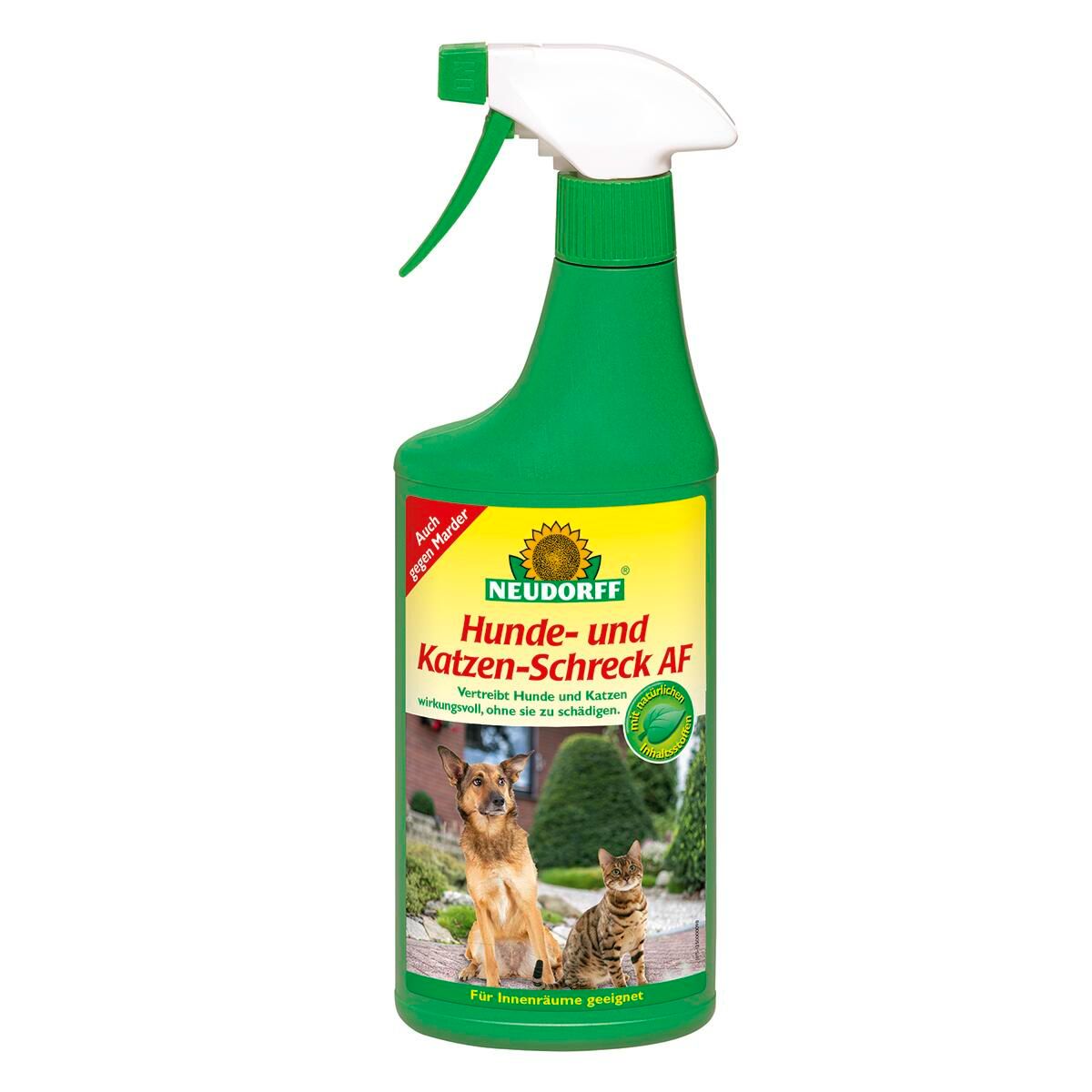 Grüne Sprühflasche mit weißem Sprühkopf. Aufschrift: Hunde- und Katzen-Schreck AF. Abbildung von Hund und Katze.