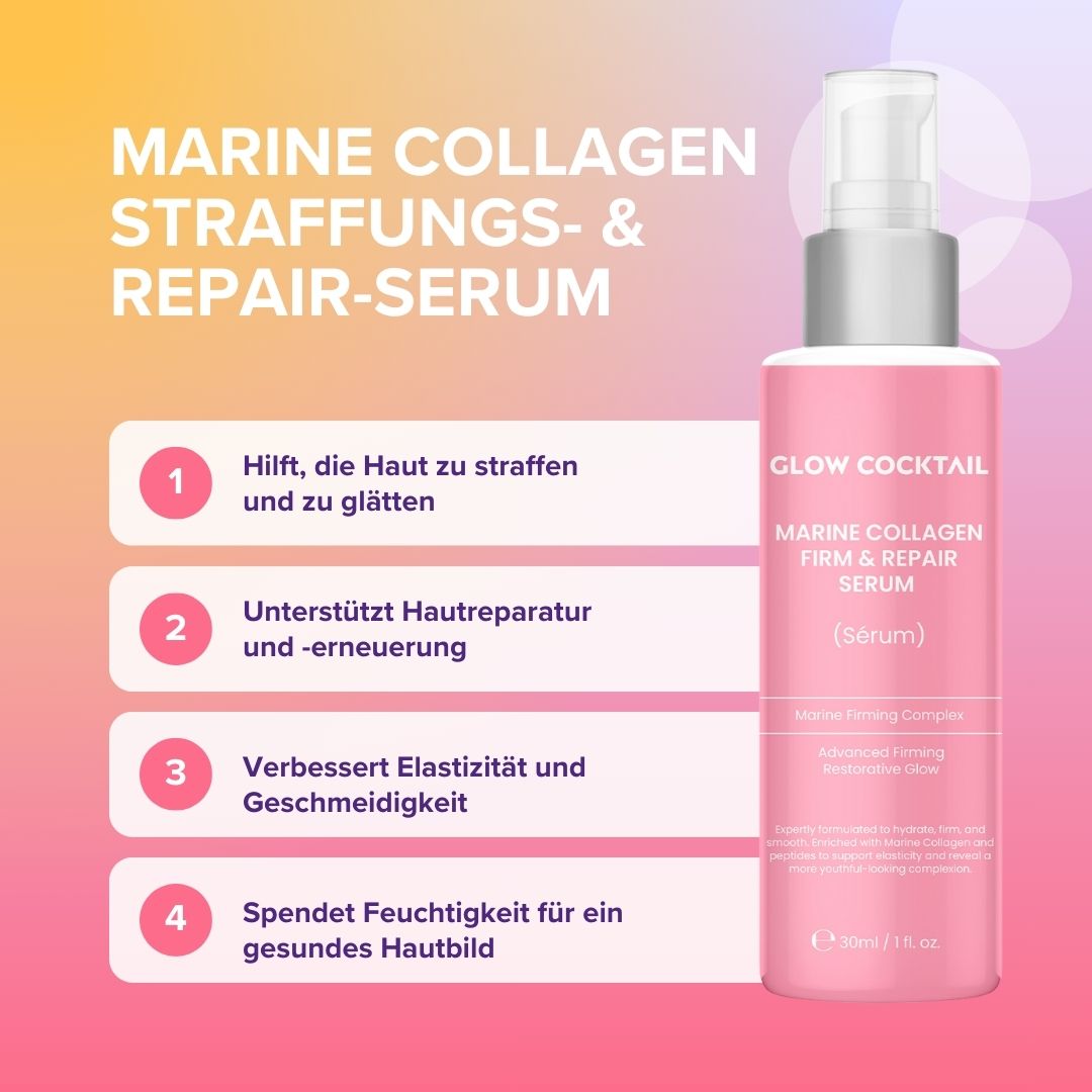 Rosa Serumflasche mit Text und nummerierten Vorteilen. Aufschrift: Glow Cocktail, Marine Collagen Firm & Repair Serum. Enthält Text über Inhaltsstoffe.