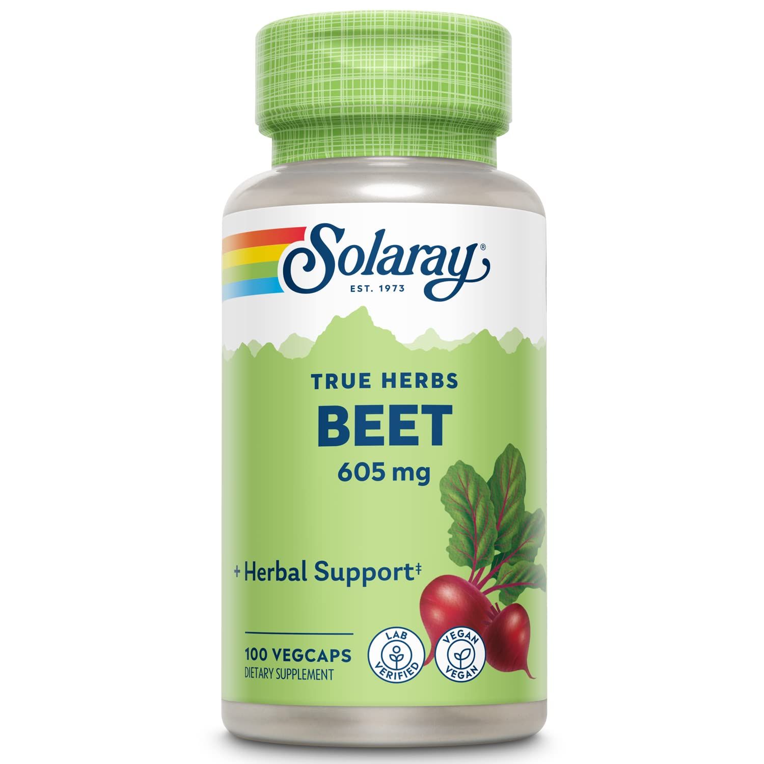 Grüne Kapsel-Dose mit Solaray-Logo. Aufschrift: True Herbs Beet 605 mg. Abbildung von Rote Bete und Blättern. 100 Vegcaps.