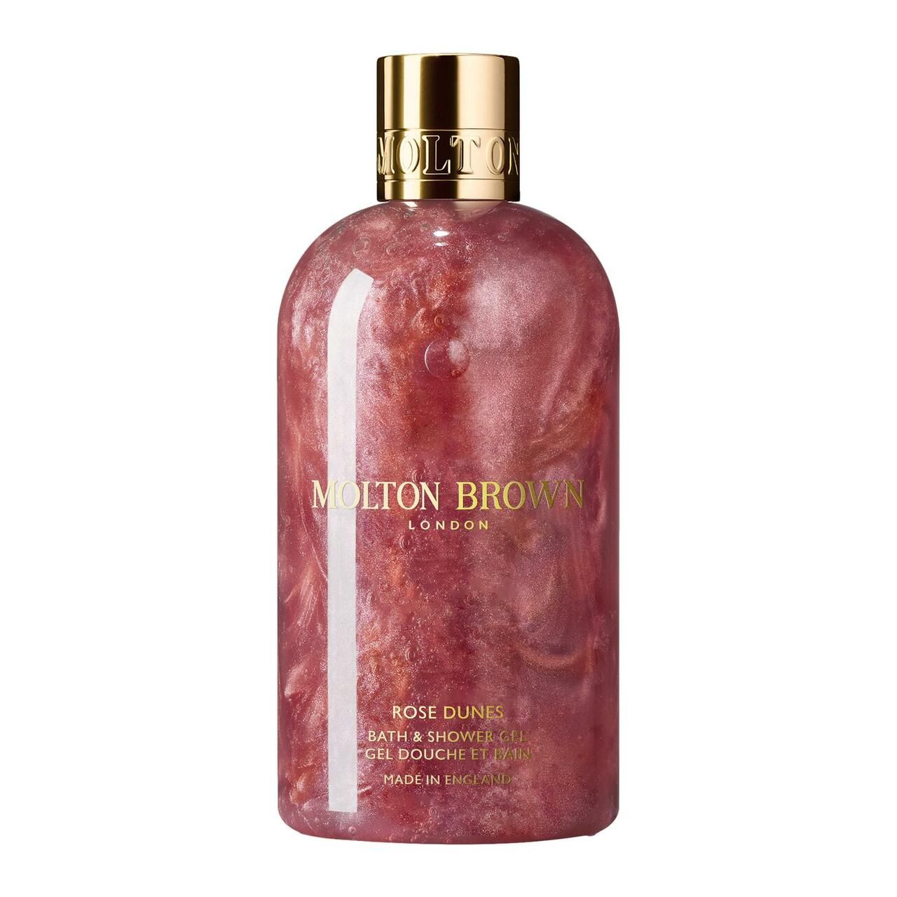 Rosafarbenes Duschgel von Molton Brown. Flasche mit goldenem Deckel. Text: Rose Dunes, Bath & Shower Gel.