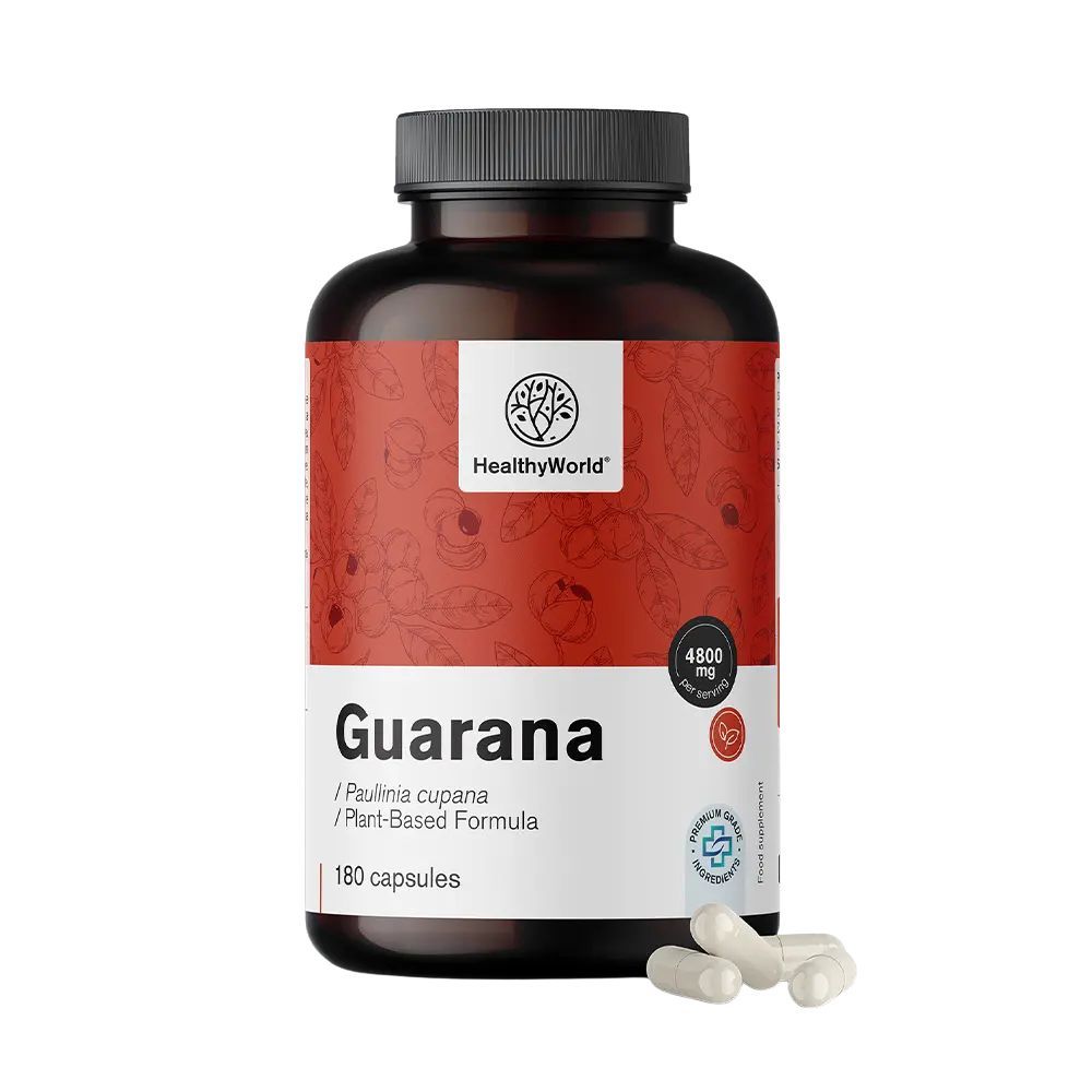 Braune Flasche mit Kapseln. Aufschrift: Guarana, 4800 mg, 180 Kapseln. Logo: HealthyWorld.