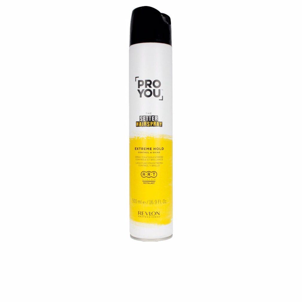 Haarspray-Dose. Weiß, gelb und schwarz. Aufschrift: PRO YOU, THE SETTER HAIRSPRAY, EXTREME HOLD. Marke: Revlon.