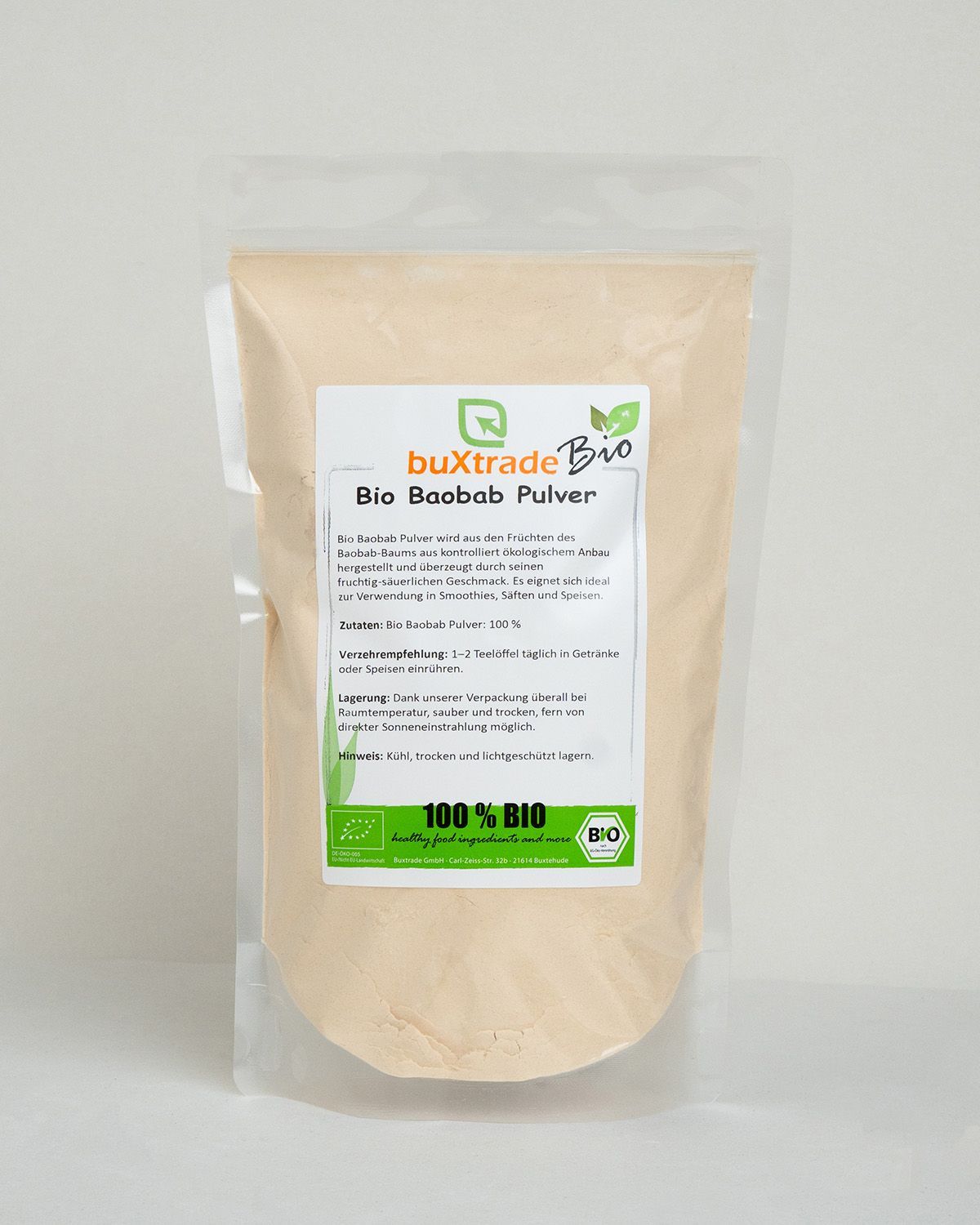 Verpackung von buXtrade Bio Baobab Pulver, 100% Bio-zertifiziert.