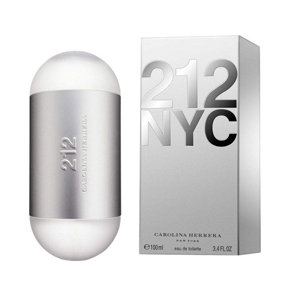Parfümflakon und Verpackung. Flakon zylindrisch, silberfarben mit weißem Deckel. Verpackung silberfarben mit "212 NYC"-Schriftzug.
