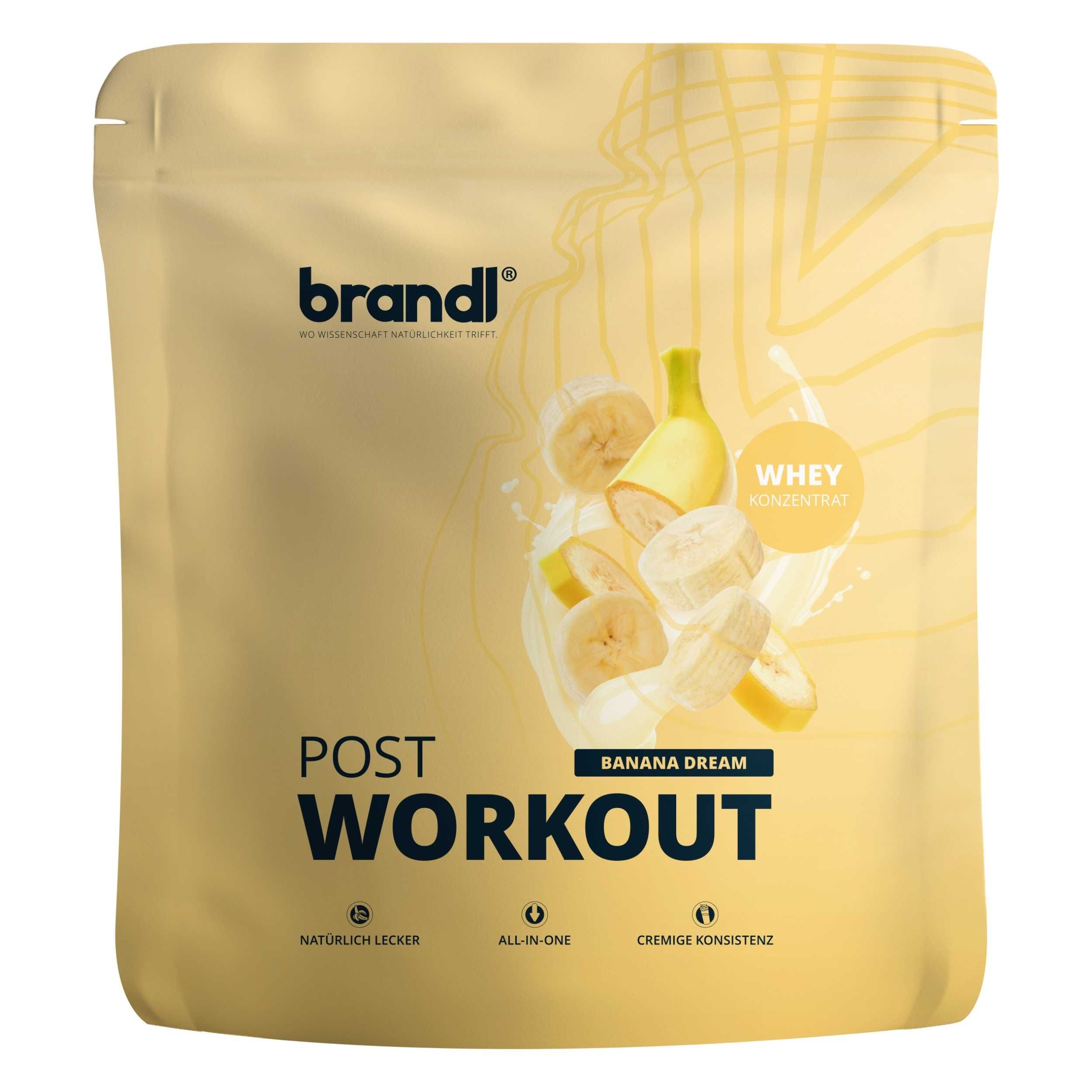 Beutel mit 'brandl' Protein-Pulver. Aufschrift 'POST WORKOUT' und 'Banana Dream'. Abbildung von Bananen und Whey.