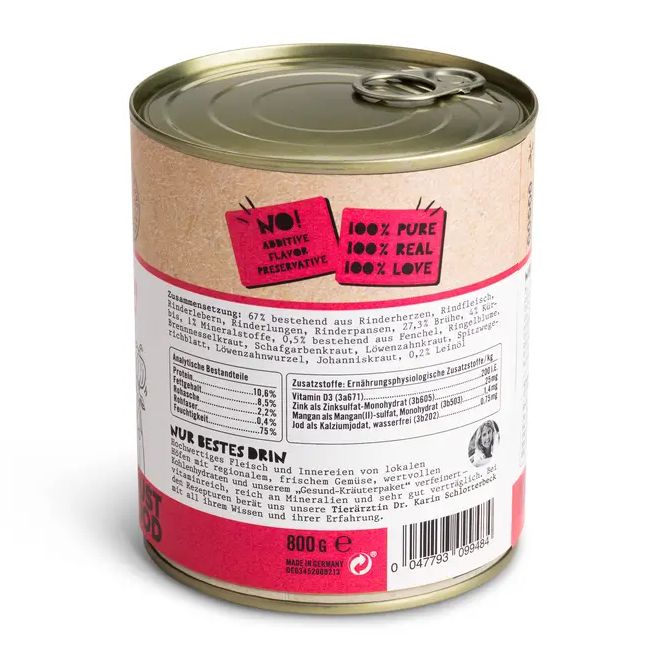 Hundefutterdose mit Texten: 'NO! Additive, Flavor, Preservative', '100% Pure, Real, Love'. Rückseite mit Nährwertangaben und Inhaltsstoffen.