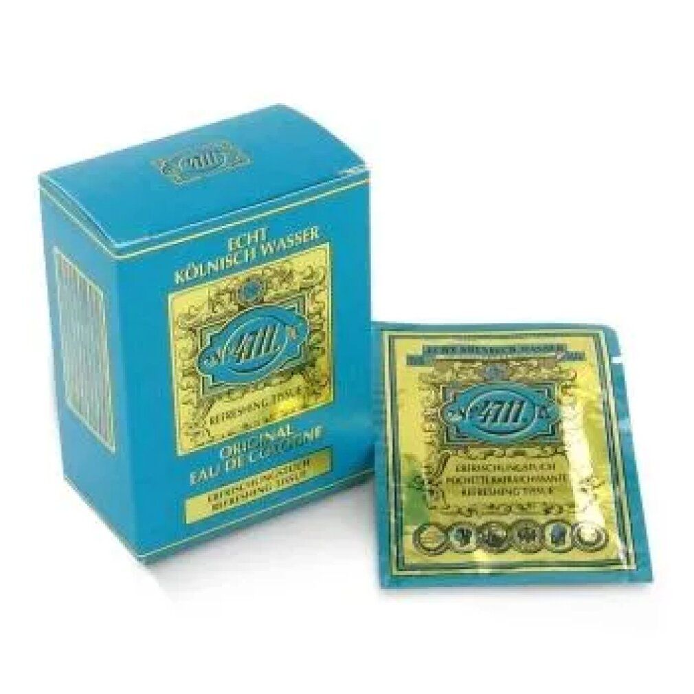 Blaue Schachtel und Erfrischungstuch. Schachtel mit Logo und Schriftzug. Tuch in gold-blauer Folie.