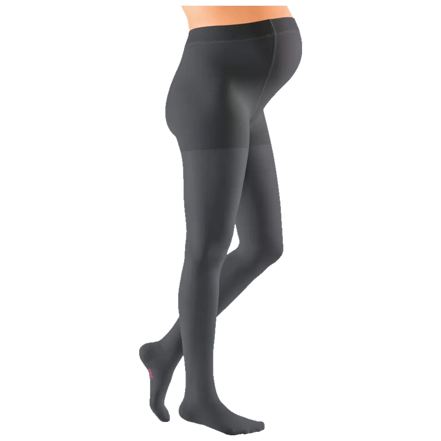 Graue Kompressions-Umstandshose. Seitliche Ansicht einer Person. Schwarzer Bund, graue Strümpfe. Rosa Akzent an der Ferse.