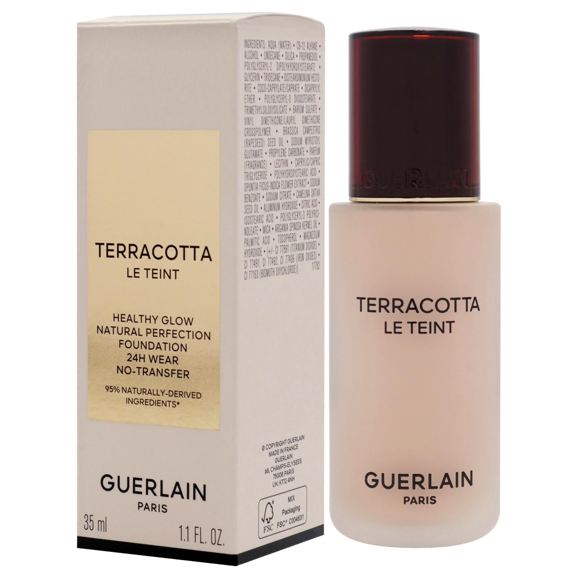 Flakon und Verpackung. Aufschrift: Terracotta Le Teint, Guerlain Paris. 35 ml, 1.1 FL OZ. Farbton 1N.