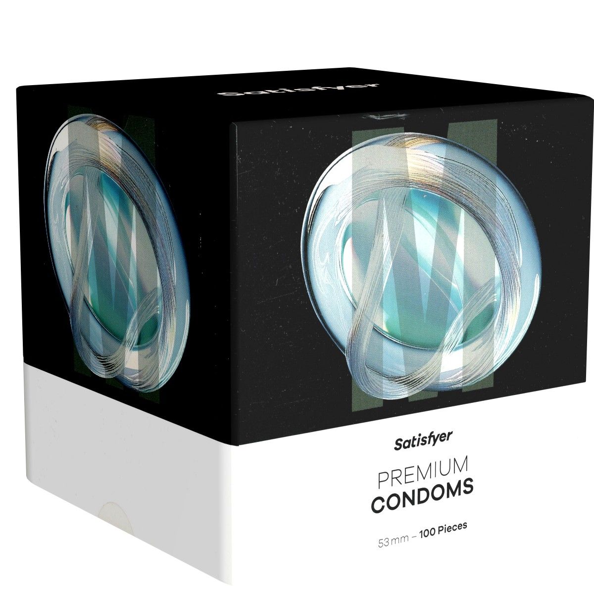 Verpackung von Kondomen. Schwarzer Karton mit Produktnamen und Logo. Aufschrift: Satisfyer Premium Condoms 53mm - 100 Pieces.